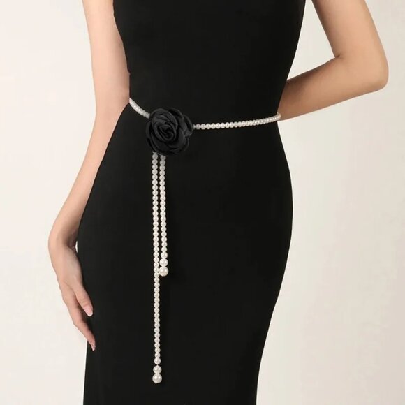2/$30 Pearl Beaded Black Flower Accent Tassel Belt Waist Chain Dress Accessories - Picture 6 of 6